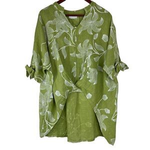 Italian 100% Linen Boho Green Floral Hi-Low Relaxed Fit Tunic Top Women One Size